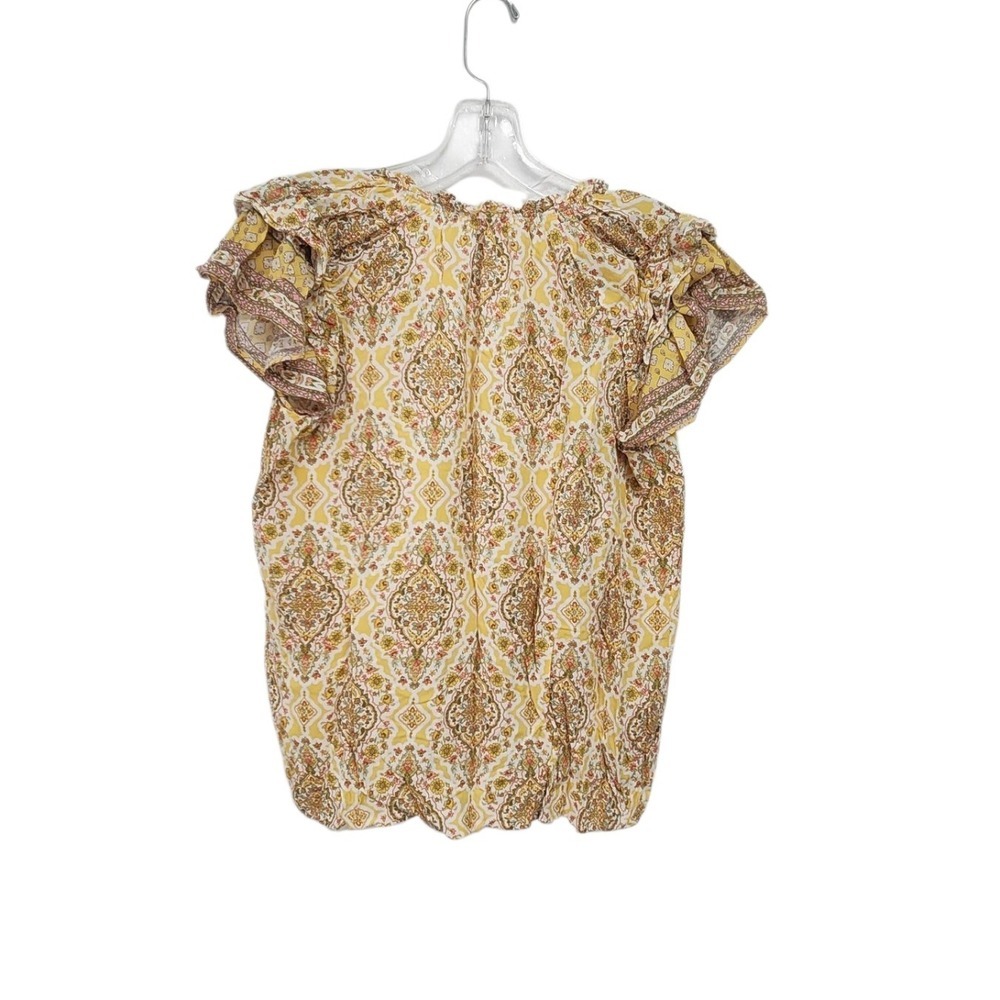 Rose & Olive Womens Yellow Floral Print Flutter Sleeve Tassel Tie Blouse
